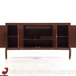 Edward Wormley for Dunbar Mid Century Curved Front Burlwood, Mahogany and Brass Credenza - Pair