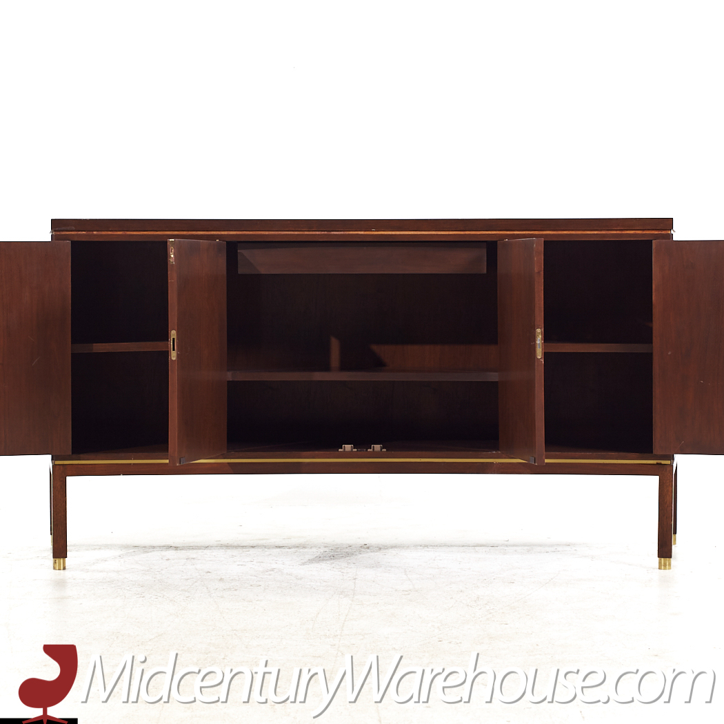 Edward Wormley for Dunbar Mid Century Curved Front Burlwood, Mahogany and Brass Credenza - Pair
