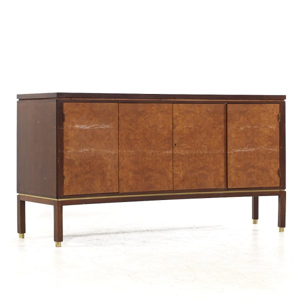 Edward Wormley for Dunbar Mid Century Curved Front Burlwood, Mahogany and Brass Credenza