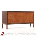 Edward Wormley for Dunbar Mid Century Curved Front Burlwood, Mahogany and Brass Credenza - Pair