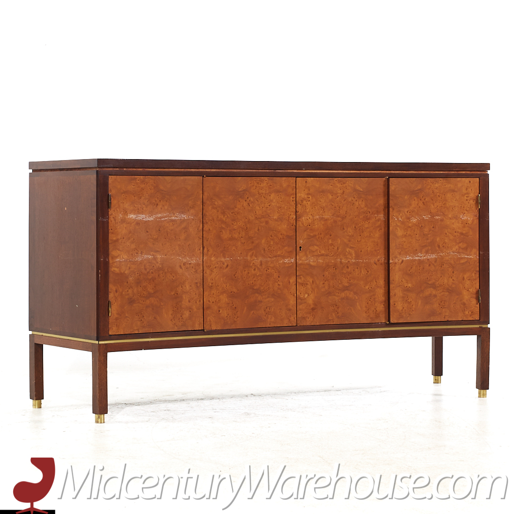 Edward Wormley for Dunbar Mid Century Curved Front Burlwood, Mahogany and Brass Credenza - Pair
