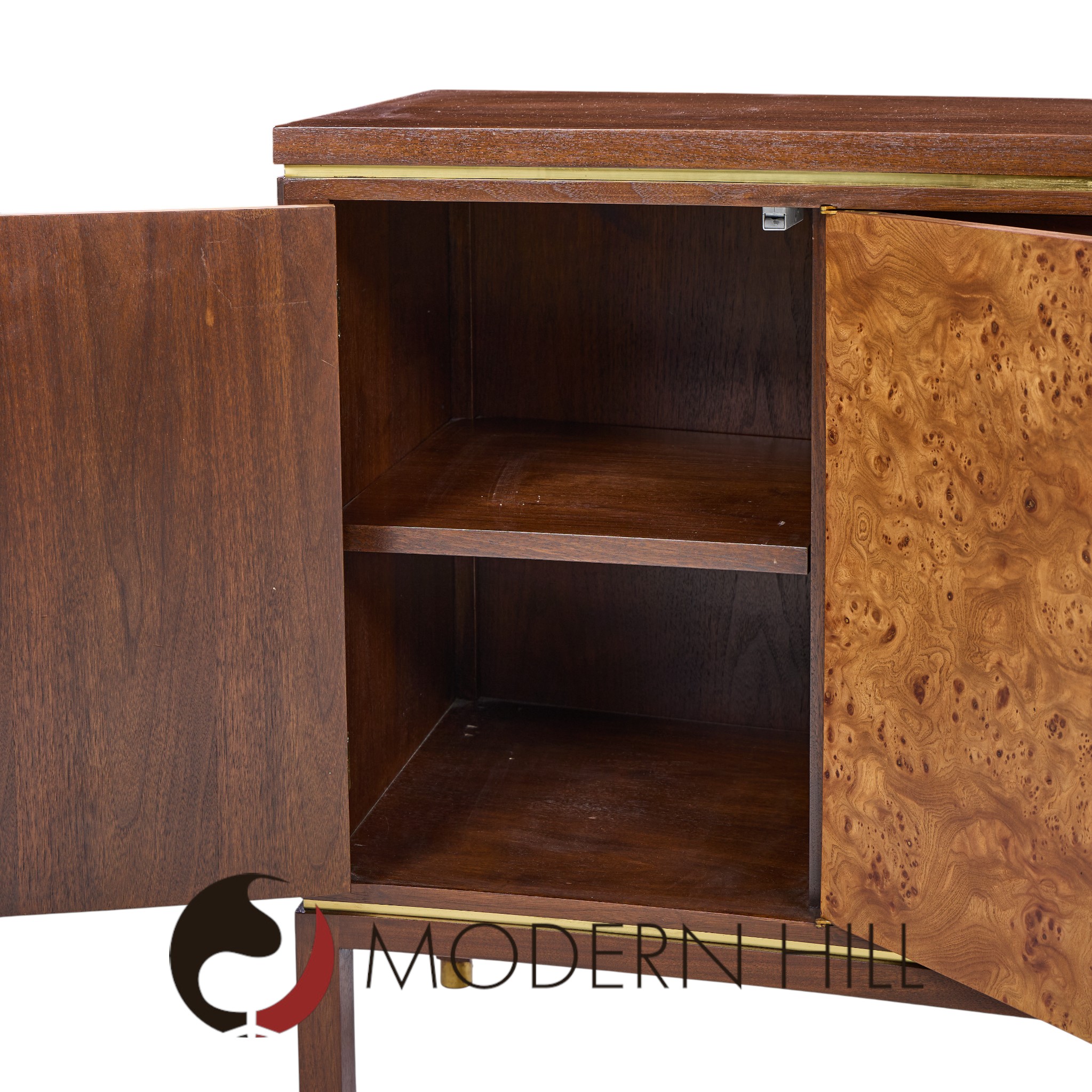 Edward Wormley for Dunbar Mid Century Curved Front Burlwood, Mahogany and Brass Credenza