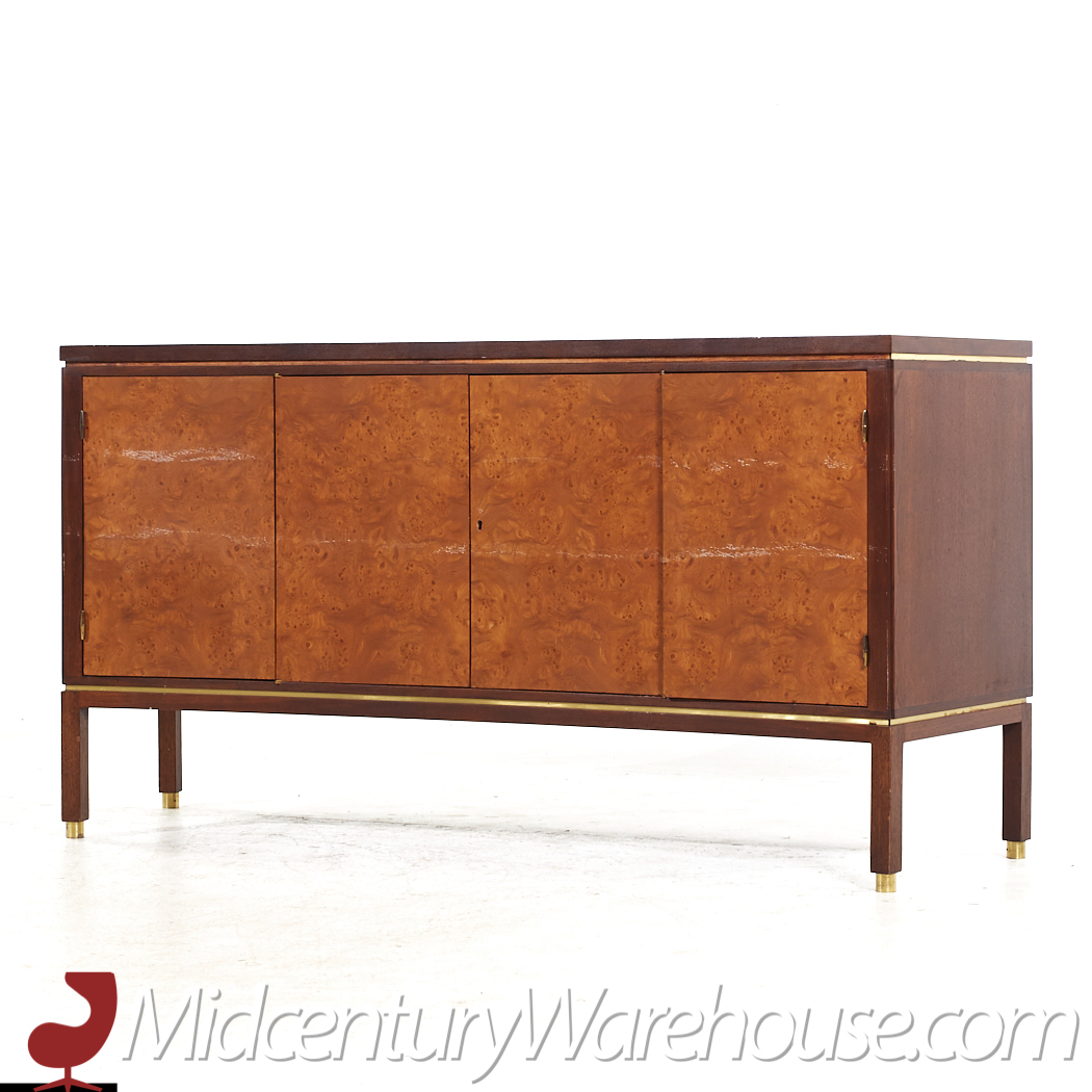 Edward Wormley for Dunbar Mid Century Curved Front Burlwood, Mahogany and Brass Credenza - Pair