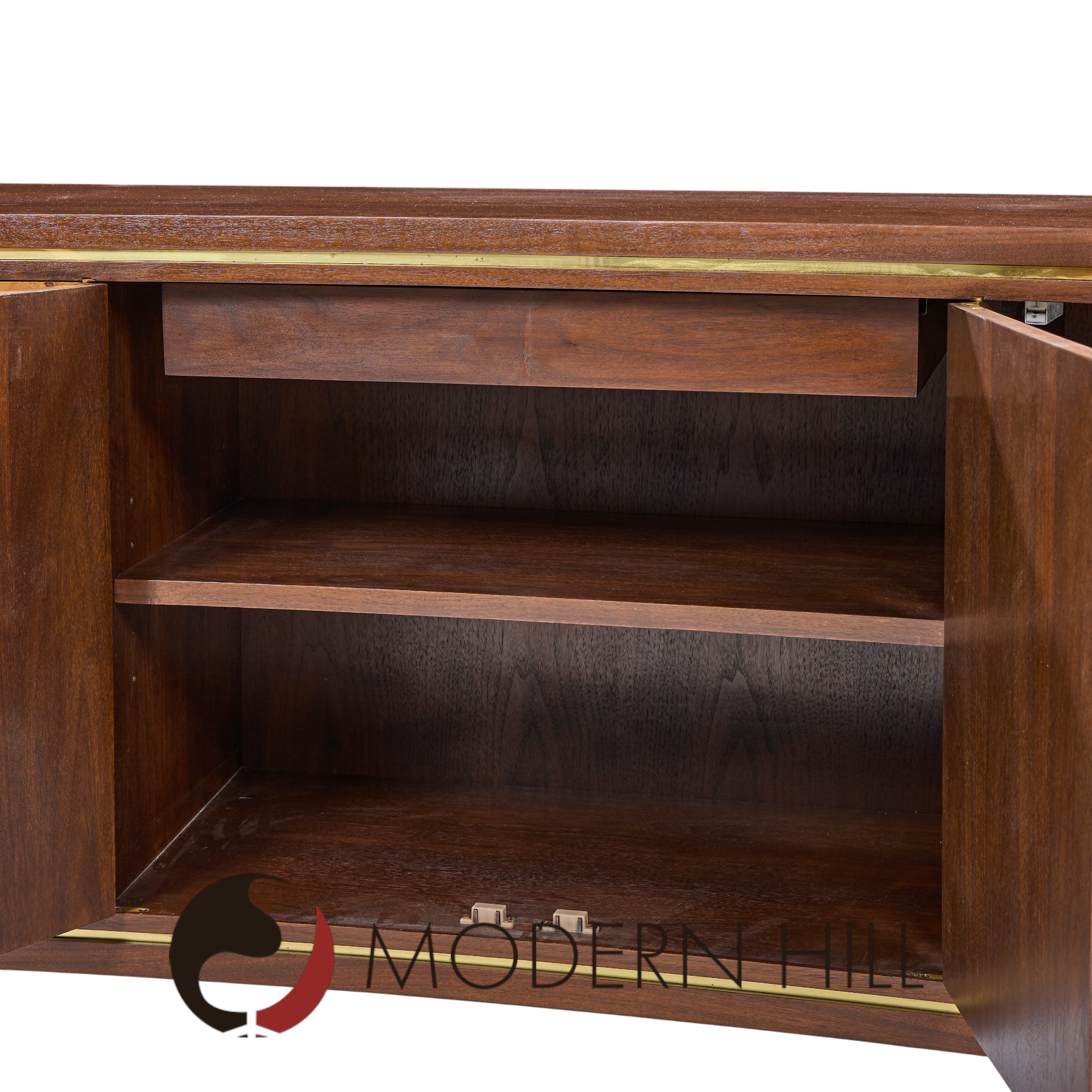 Edward Wormley for Dunbar Mid Century Curved Front Burlwood, Mahogany and Brass Credenza