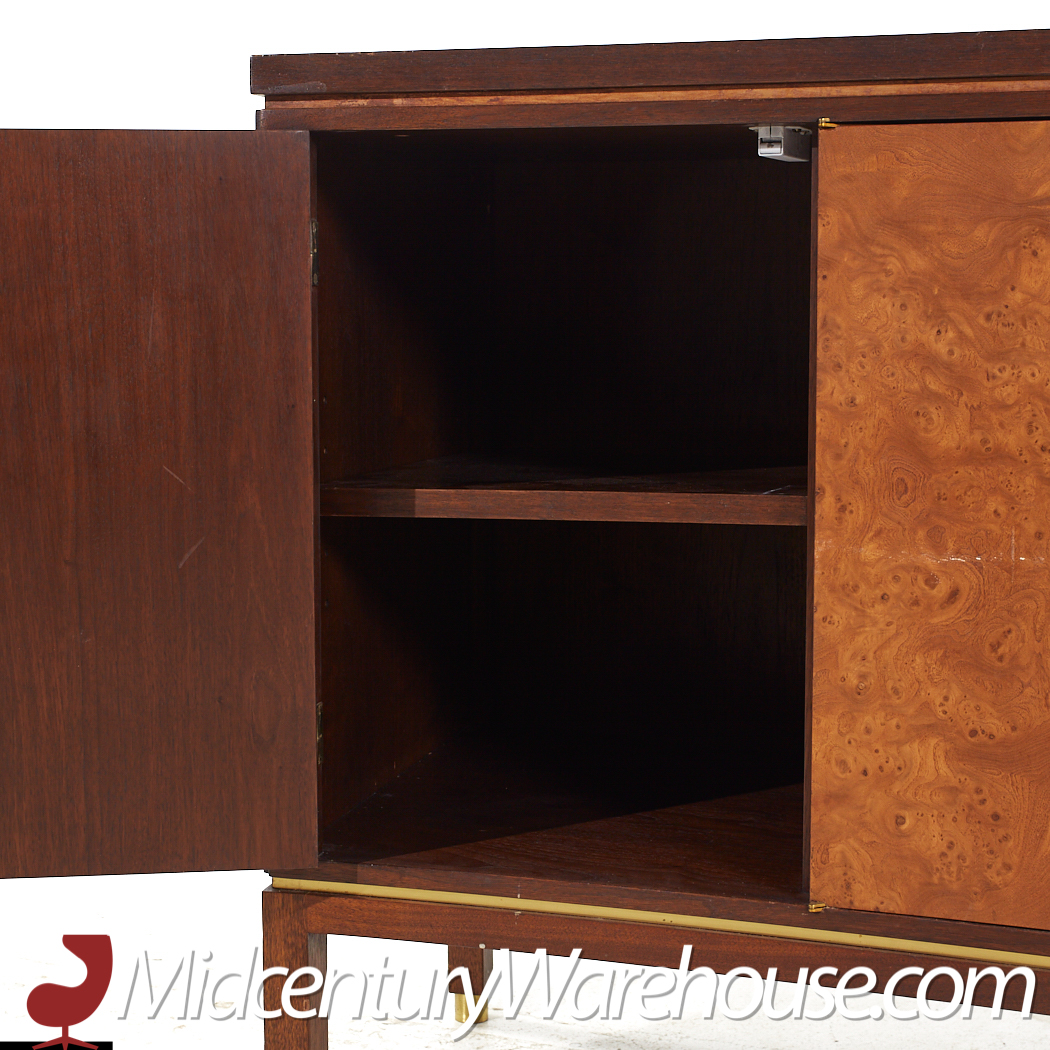 Edward Wormley for Dunbar Mid Century Curved Front Burlwood, Mahogany and Brass Credenza - Pair