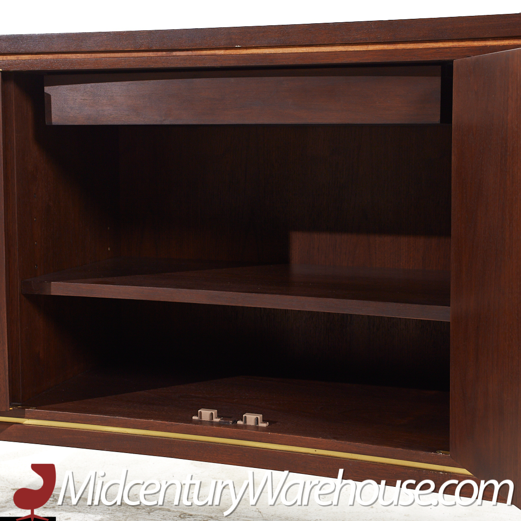 Edward Wormley for Dunbar Mid Century Curved Front Burlwood, Mahogany and Brass Credenza - Pair