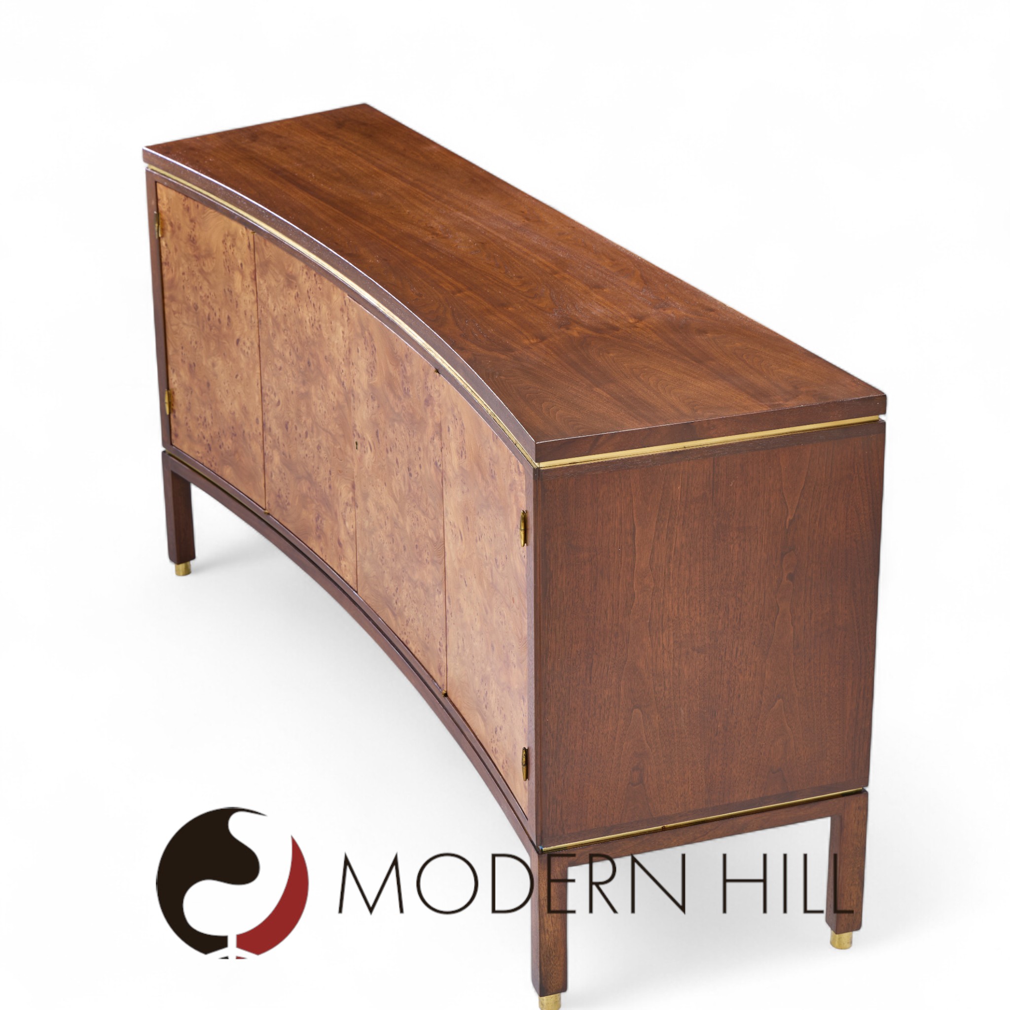 Edward Wormley for Dunbar Mid Century Curved Front Burlwood, Mahogany and Brass Credenza