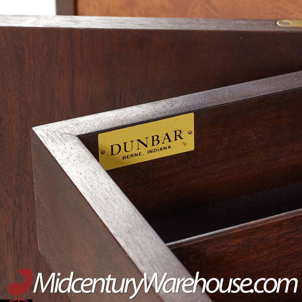 Edward Wormley for Dunbar Mid Century Curved Front Burlwood, Mahogany and Brass Credenza - Pair