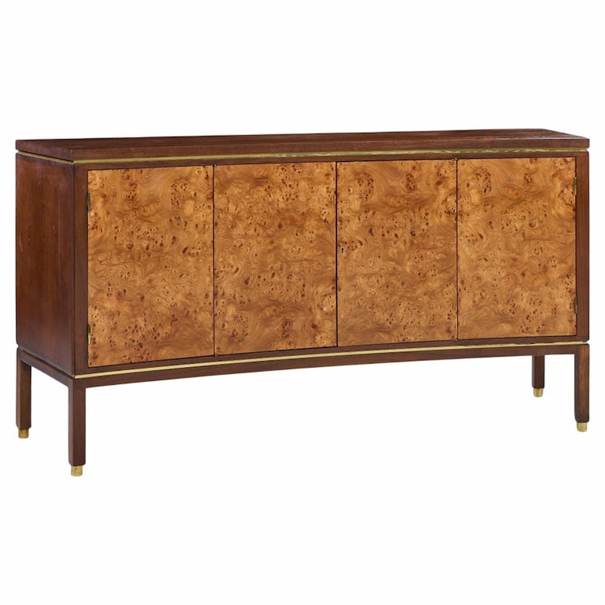 Edward Wormley for Dunbar Mid Century Curved Front Burlwood, Mahogany and Brass Credenza