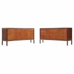 Edward Wormley for Dunbar Mid Century Curved Front Burlwood, Mahogany and Brass Credenza - Pair
