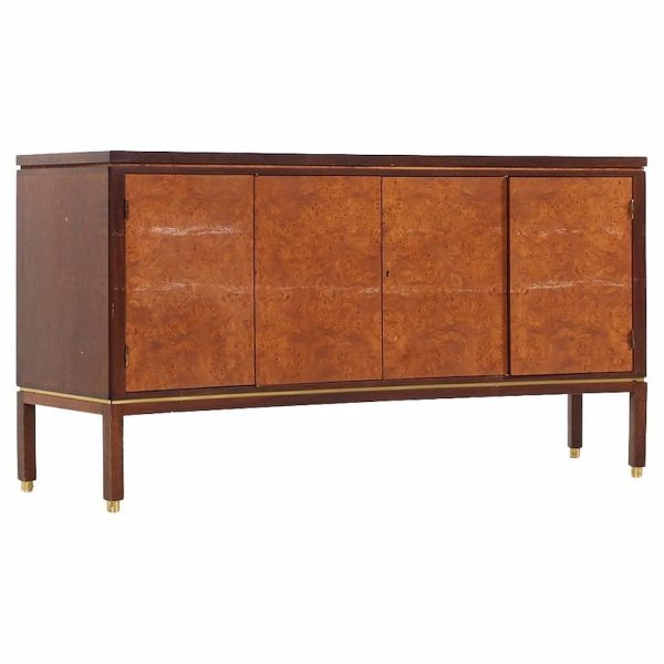 edward wormley for dunbar mid century curved front burlwood, mahogany and brass credenza