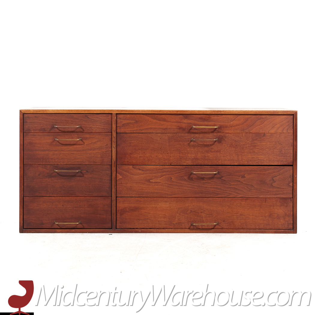 Jens Risom Wall Mounted Walnut and Brass Dresser with Fold out Desk