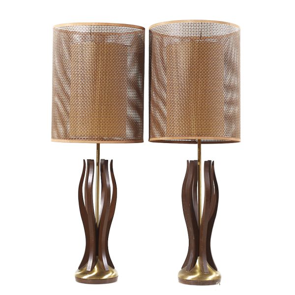 modeline style mid century walnut and brass lamps - pair