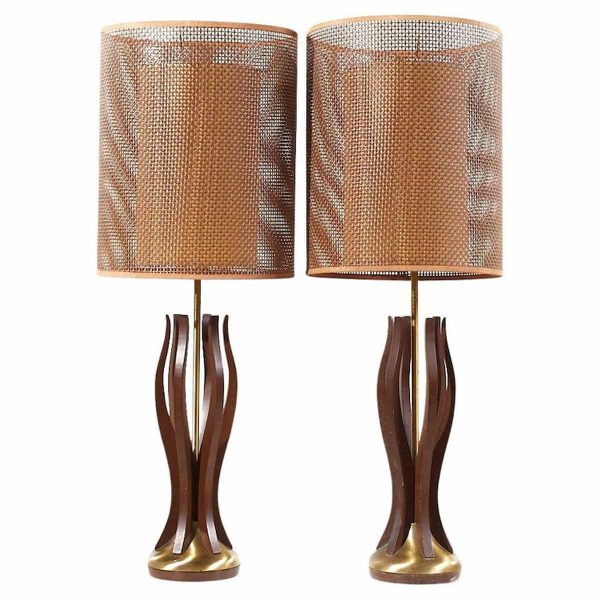 modeline style mid century walnut and brass lamps - pair