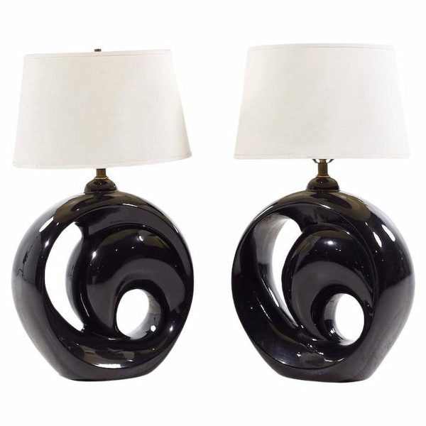 royal haeger style postmodern black swirl pottery lamps