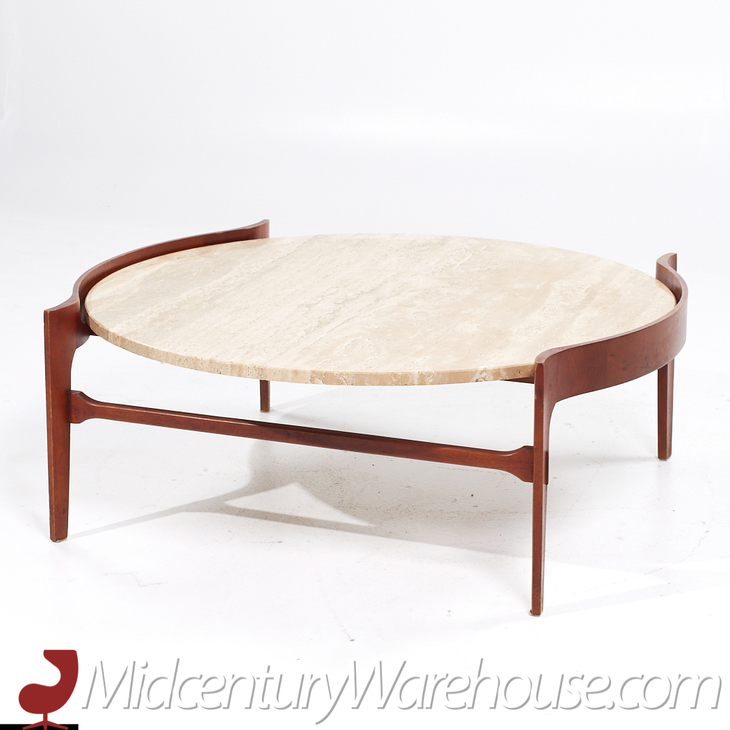 Bertha Schaefer Mid Century Sculpted Travertine and Walnut Coffee Table