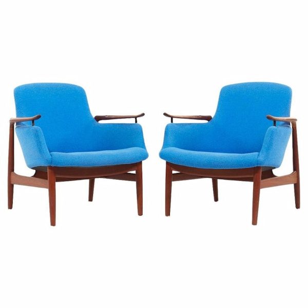 Finn Juhl for Niels Vodder Nv-53 Blue Chairs - Pair