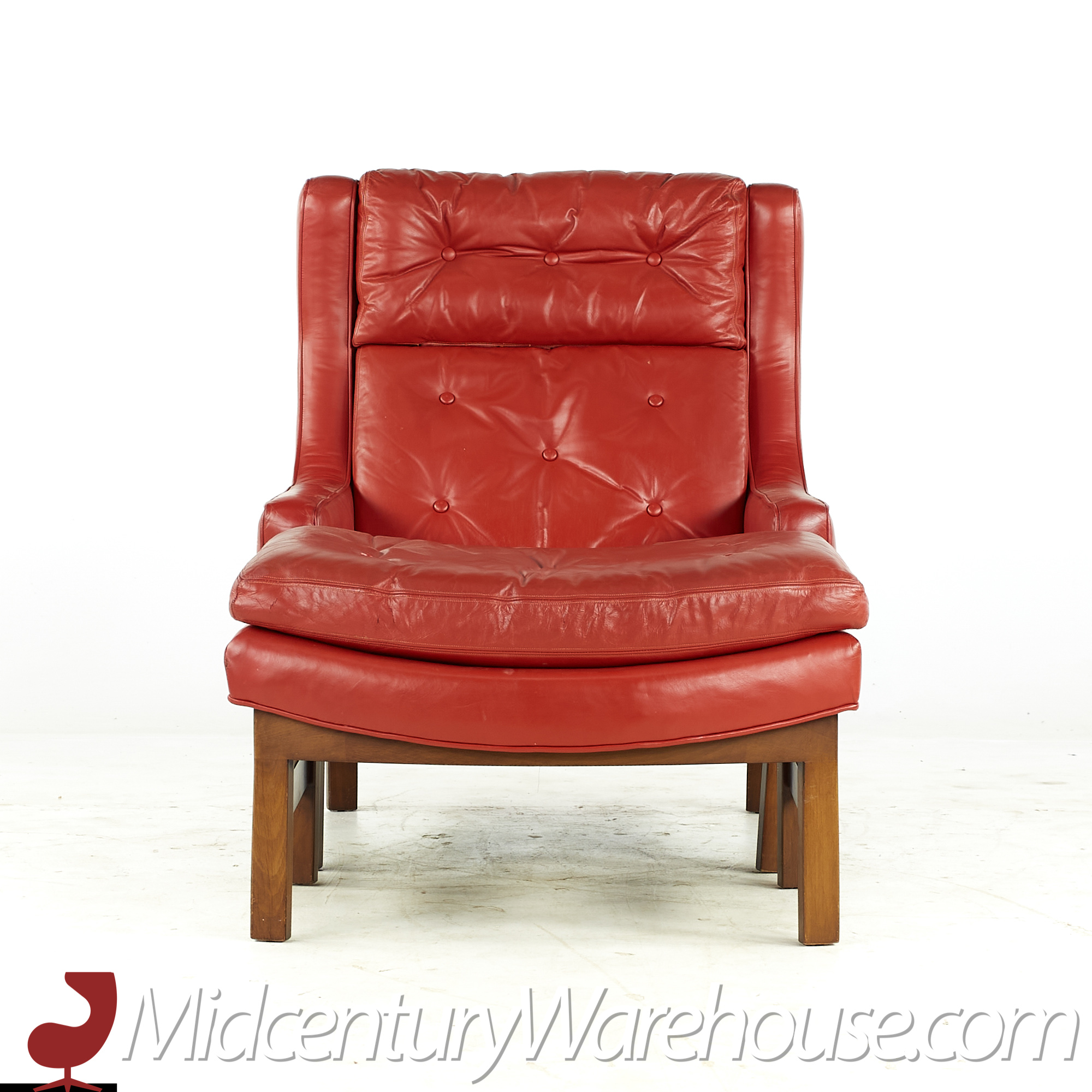 hans olsen style red leather chair with ottoman