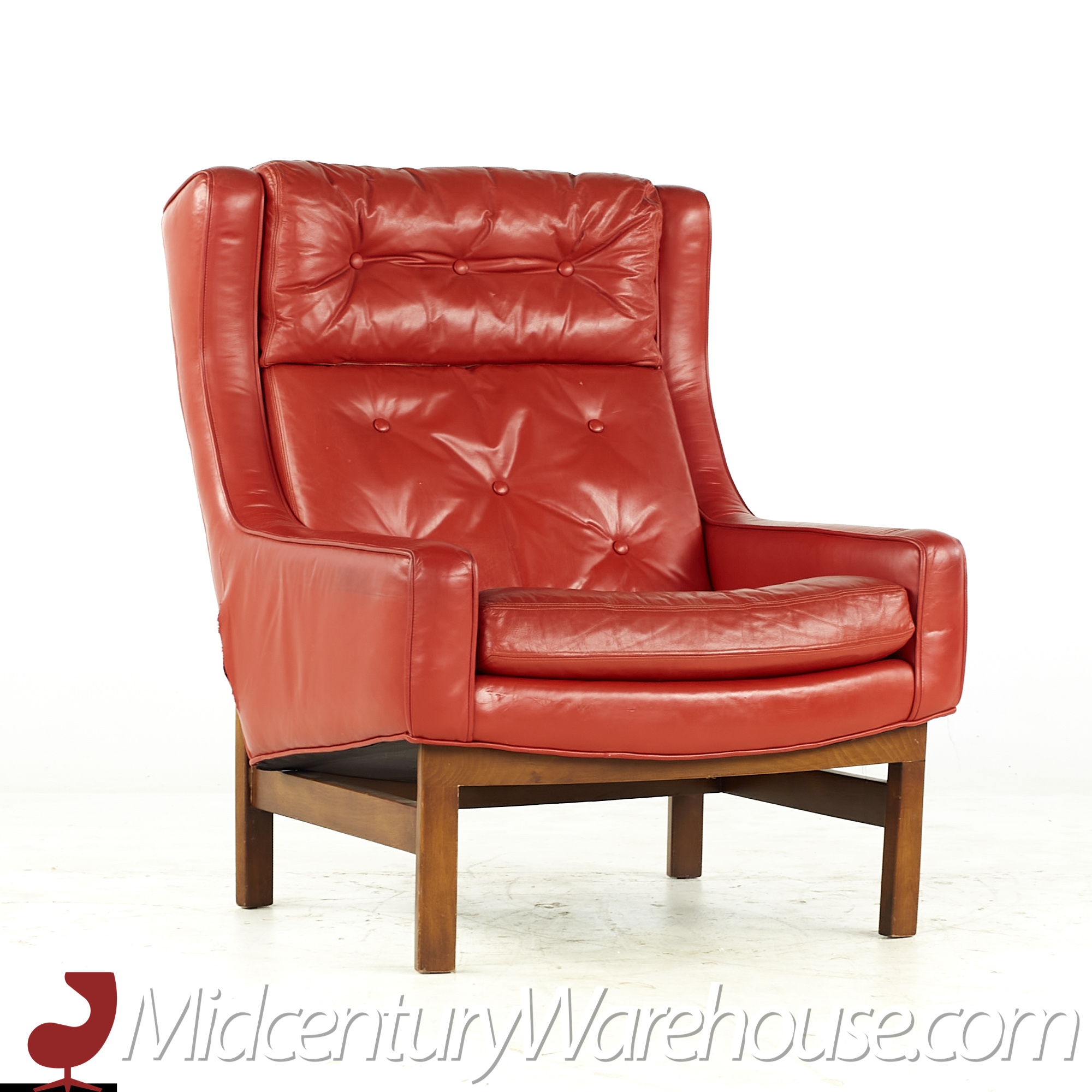 hans olsen style red leather chair with ottoman