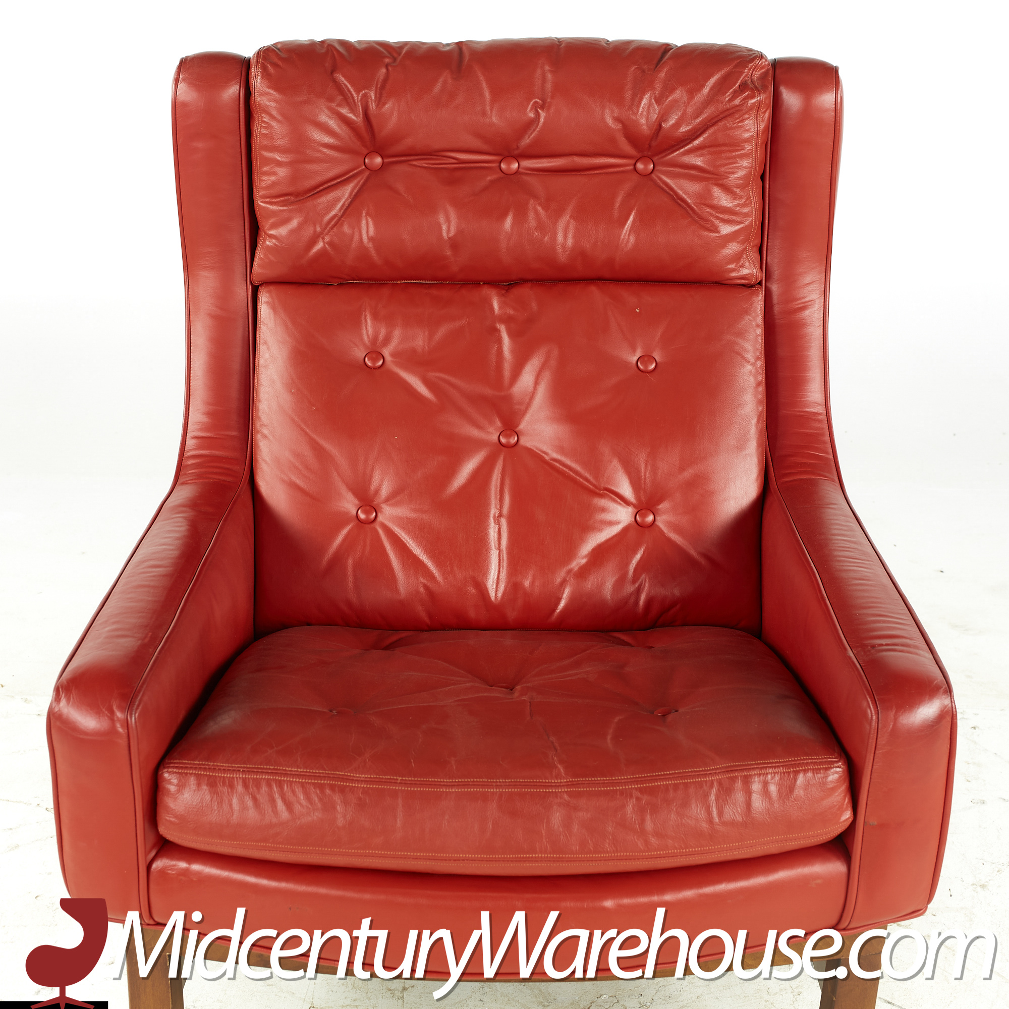 hans olsen style red leather chair with ottoman