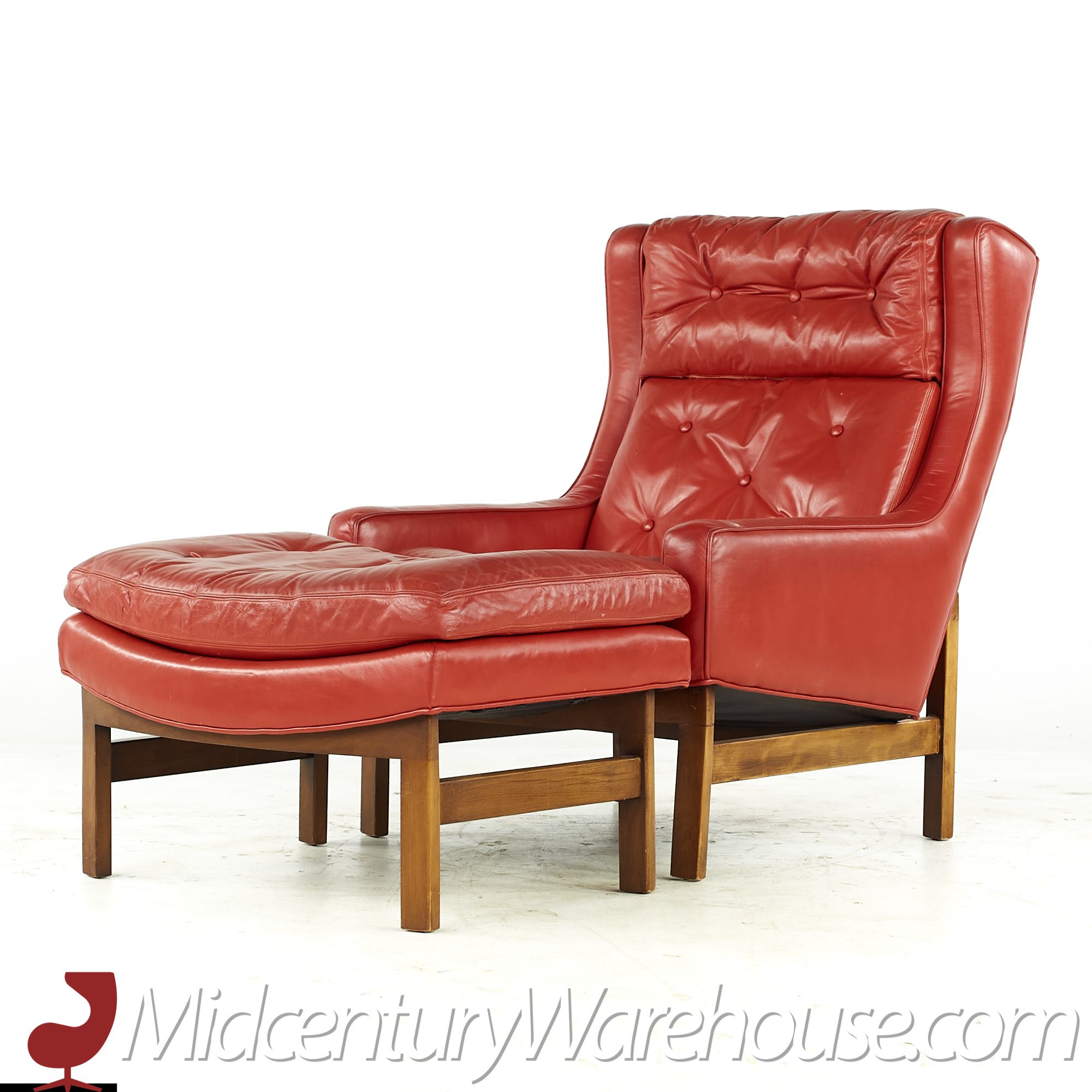 hans olsen style red leather chair with ottoman