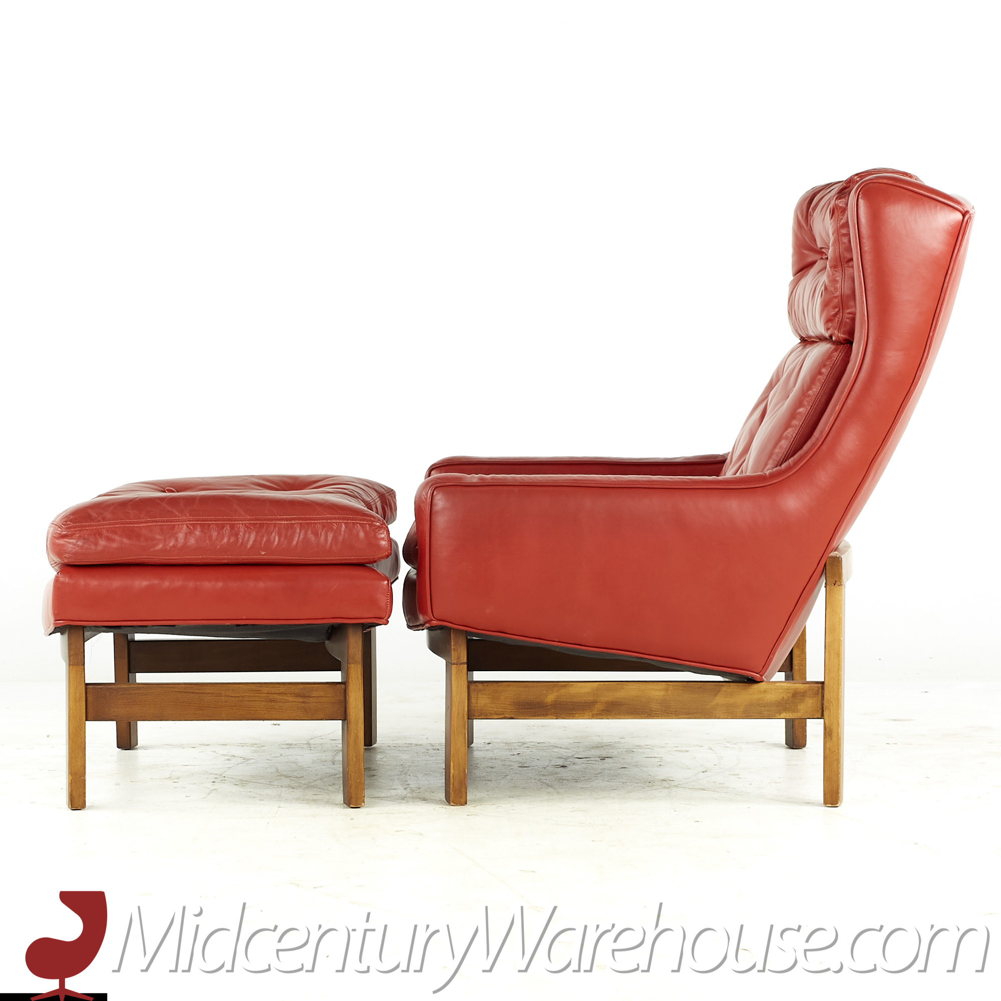hans olsen style red leather chair with ottoman