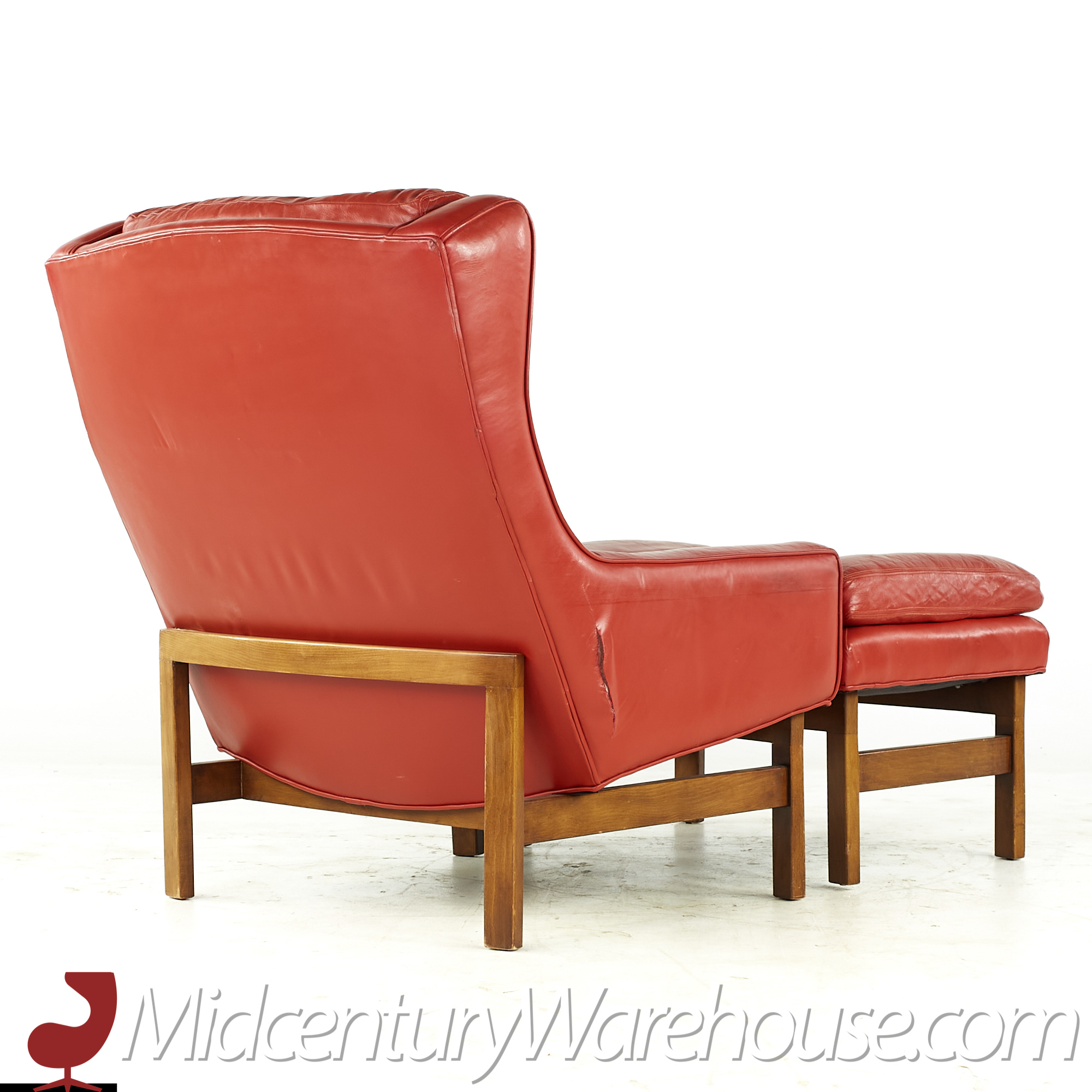 hans olsen style red leather chair with ottoman