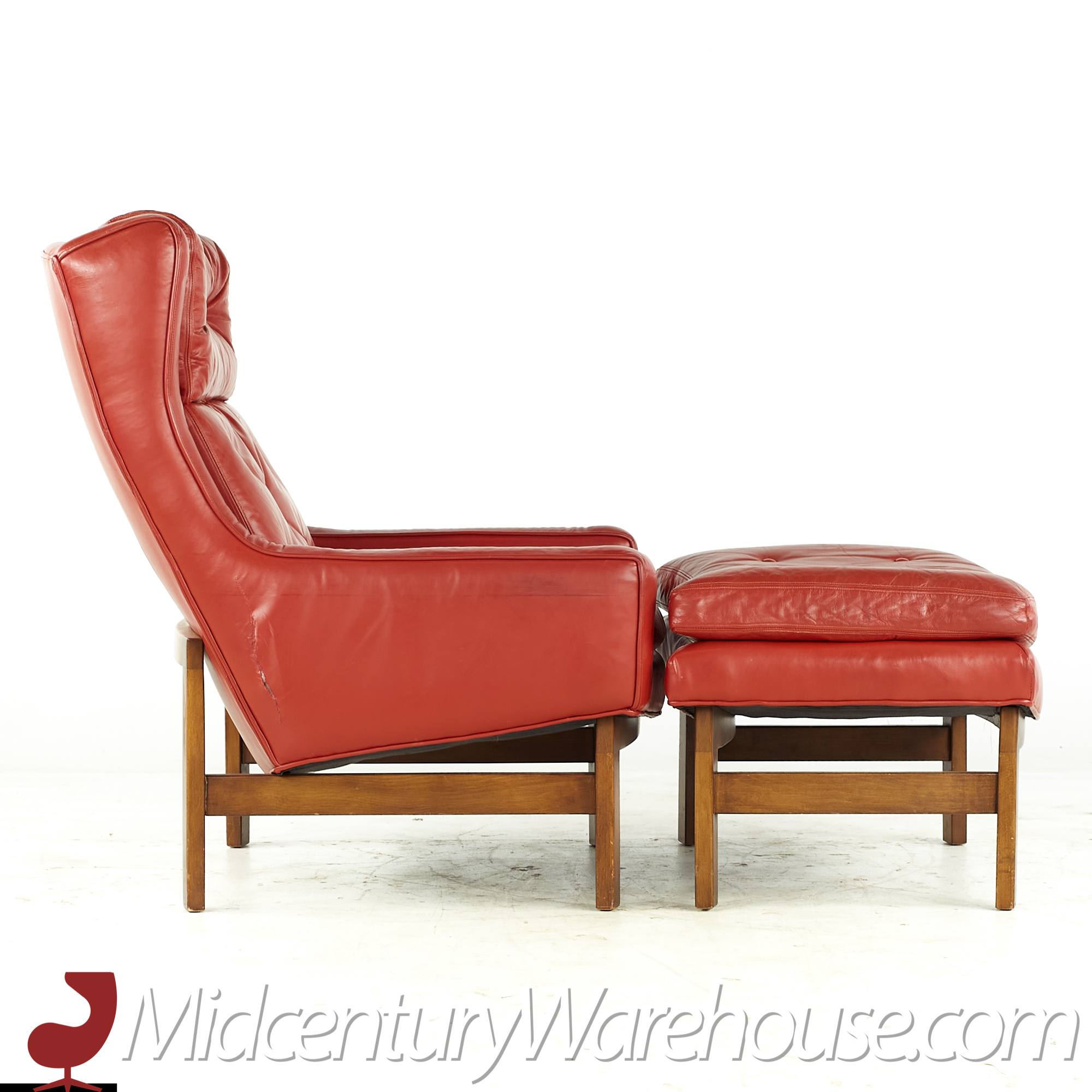 hans olsen style red leather chair with ottoman