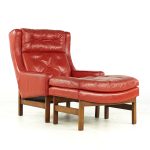 hans olsen style red leather chair with ottoman