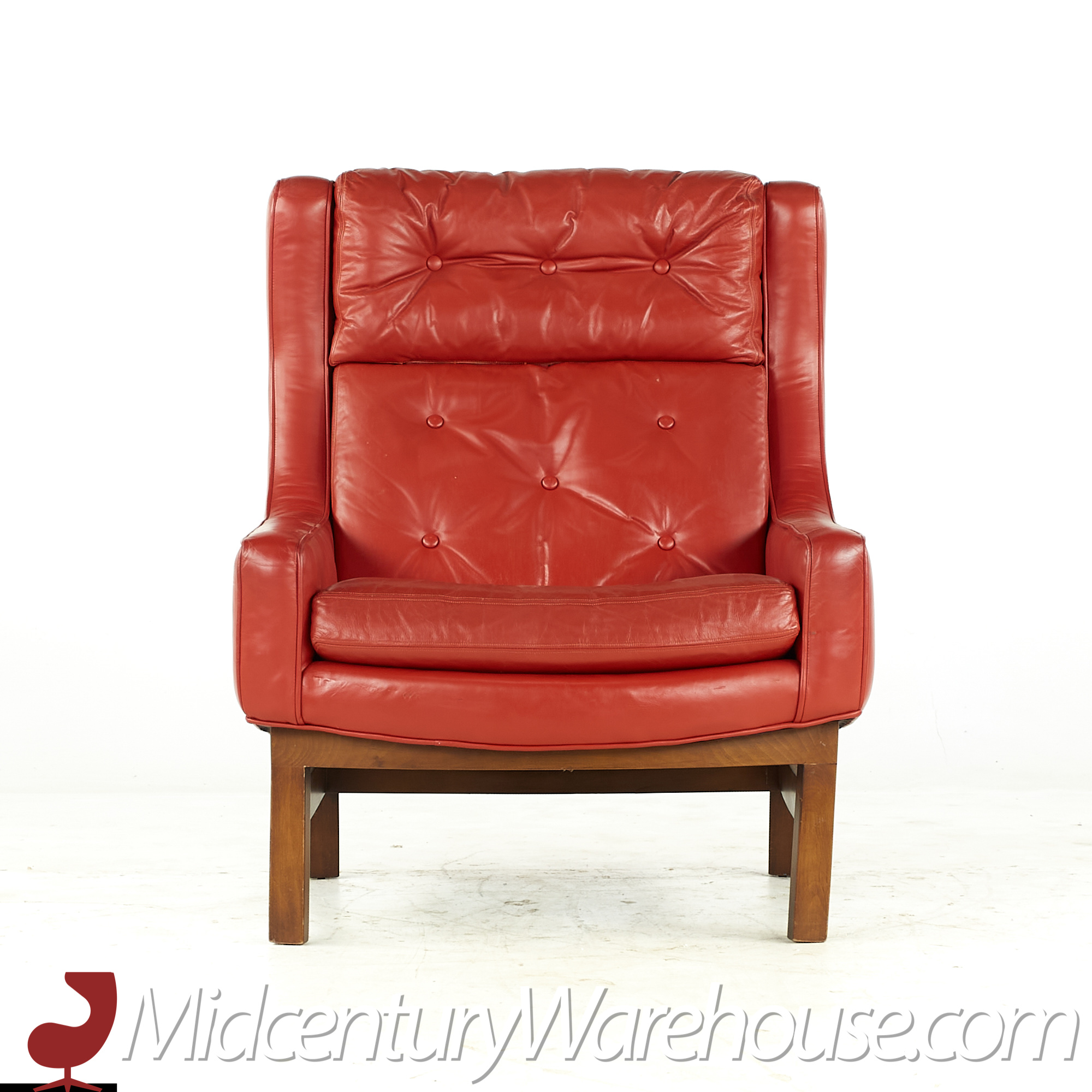 hans olsen style red leather chair with ottoman