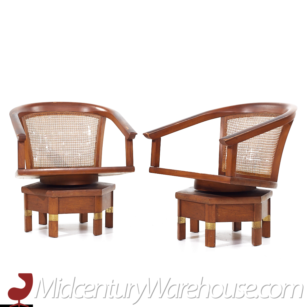 Jim Peed for Hickory Model 5105 Mid Century Mahogany Swivel Chairs - Pair