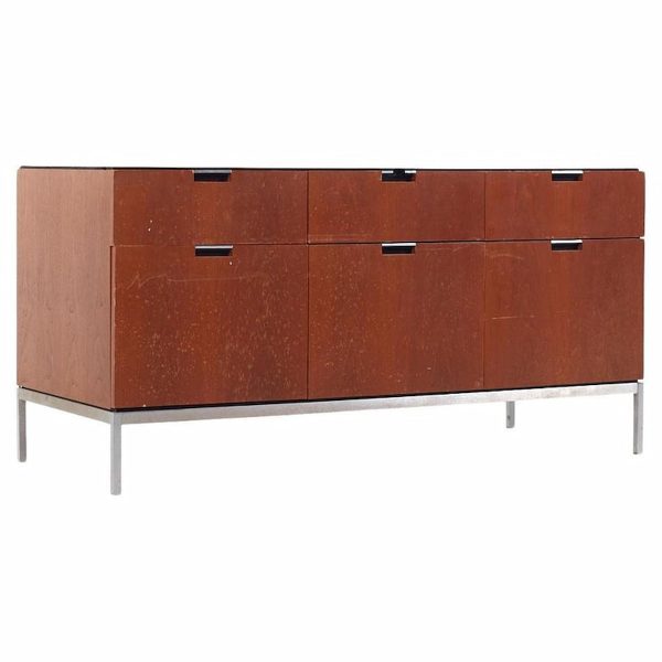 knoll style mid century walnut and marble top file credenza