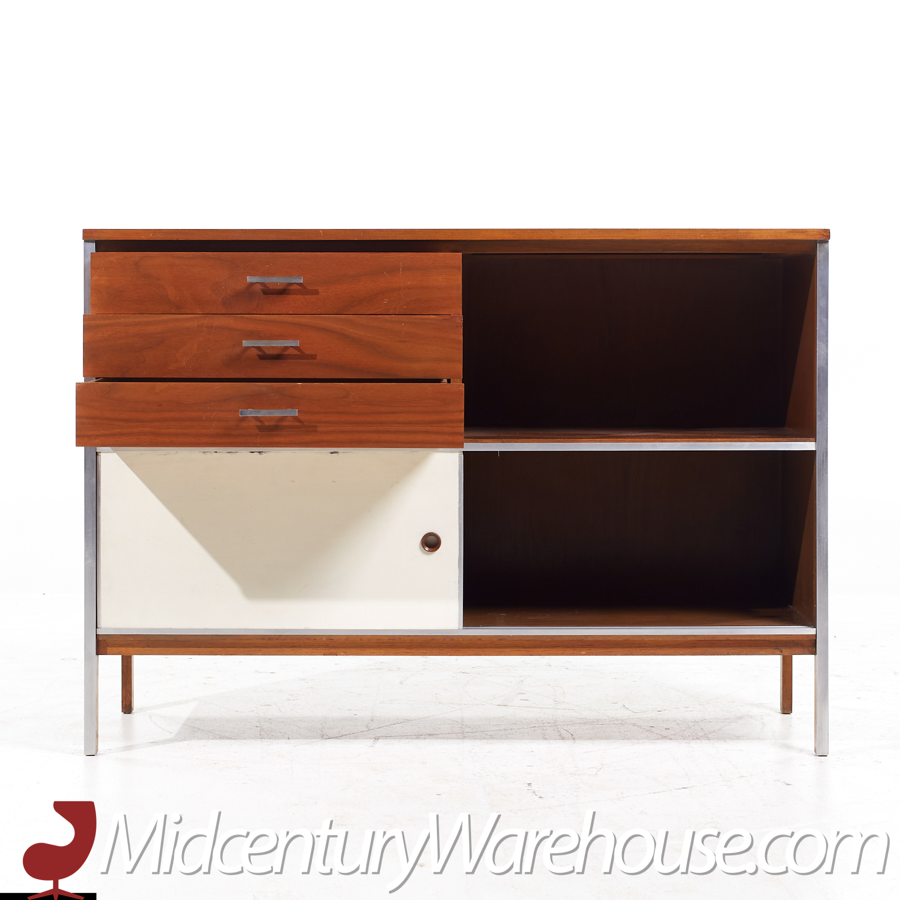 Paul Mccobb for Calvin Mid Century Walnut and Stainless Steel Sliding Door Credenza
