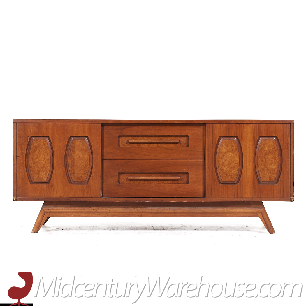 Young Manufacturing Mid Century Walnut and Burlwood Credenza and Hutch