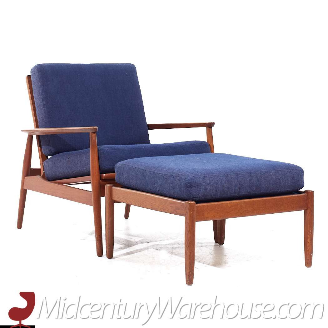 Arne Vodder Style Mid Century Danish Teak Lounge Chairs and Ottoman - Pair