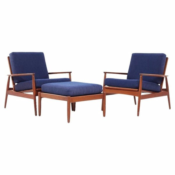Arne Vodder Style Mid Century Danish Teak Lounge Chairs and Ottoman - Pair