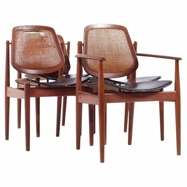 Arne Vodder for Charles France & Eric Daverkosen Mid Century Danish Teak and Cane Dining Chairs - Set of 4