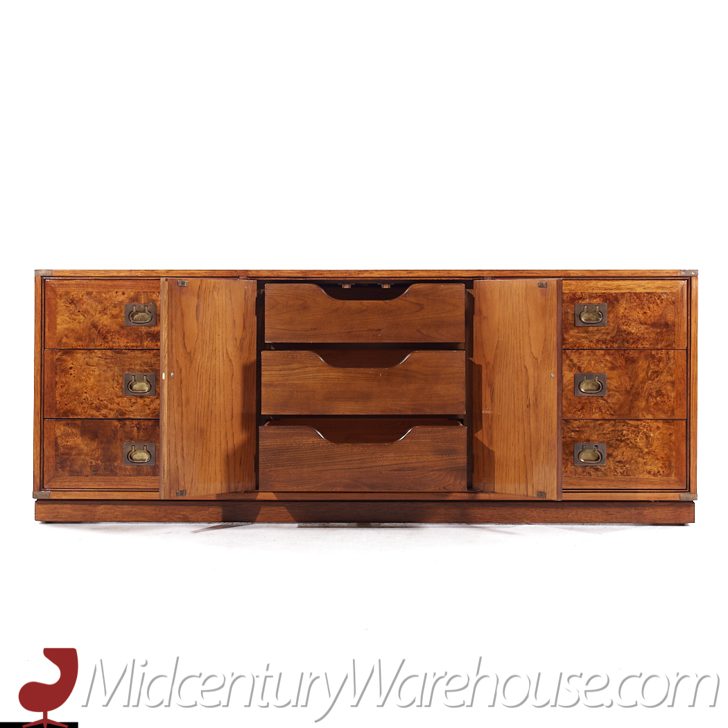 Hickory Manufacturing Company Mid Century Burlwood and Brass Lowboy Dresser