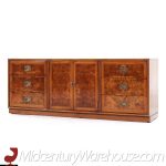 Hickory Manufacturing Company Mid Century Burlwood and Brass Lowboy Dresser