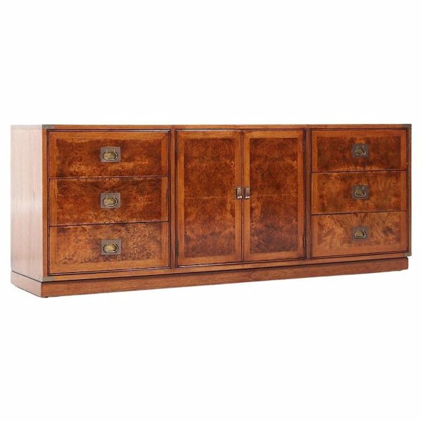 hickory manufacturing company mid century burlwood and brass lowboy dresser