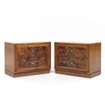 Hickory Manufacturing Company Mid Century Burlwood and Brass Nightstands - Pair