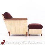 John Hutton for Donghia Merbau Collection Mid Century Mahogany and Rattan Club Chairs with Ottomans - Pair