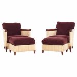 John Hutton for Donghia Merbau Collection Mid Century Mahogany and Rattan Club Chairs with Ottomans - Pair