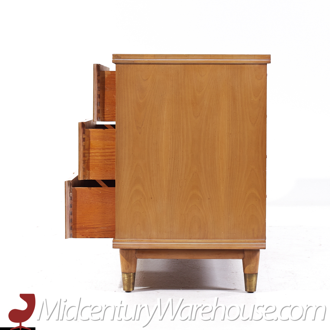 John Widdicomb Mid Century Walnut and Brass Lowboy Dresser