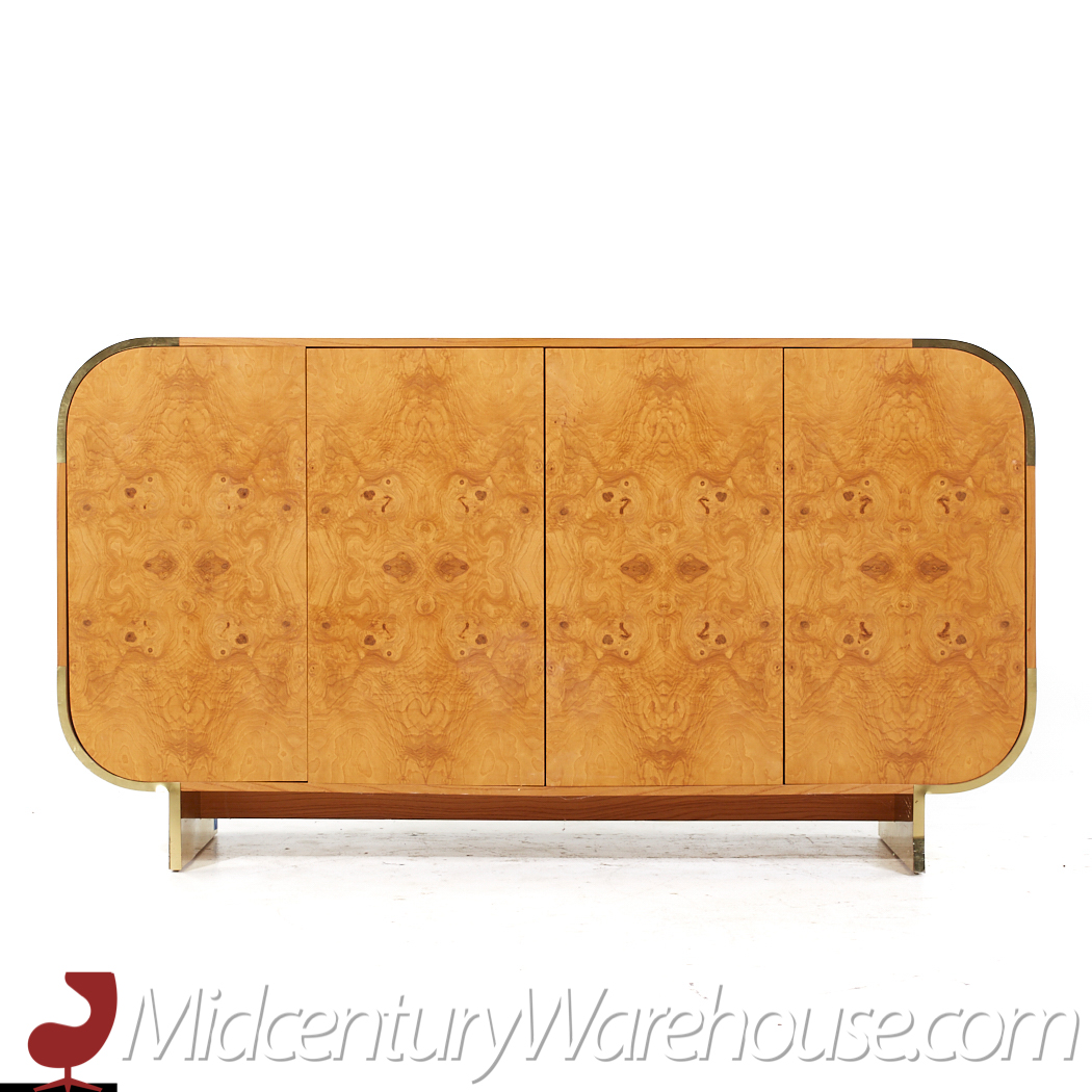 Leon Rosen for Pace Style Mid Century Brass and Burlwood Credenza