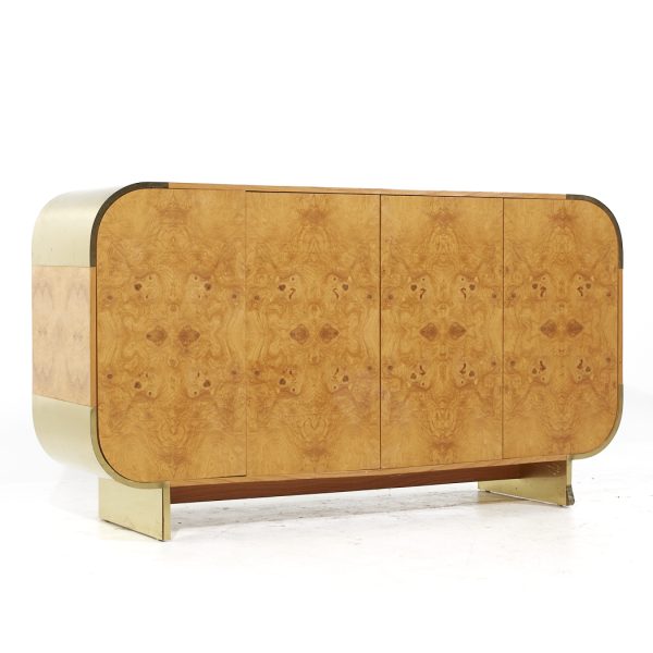 Leon Rosen for Pace Style Mid Century Brass and Burlwood Credenza