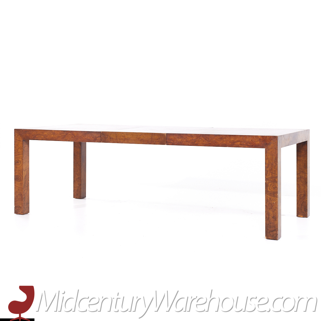 Milo Baughman Style Mid Century Burlwood Expanding Dining Table with 2 Leaves