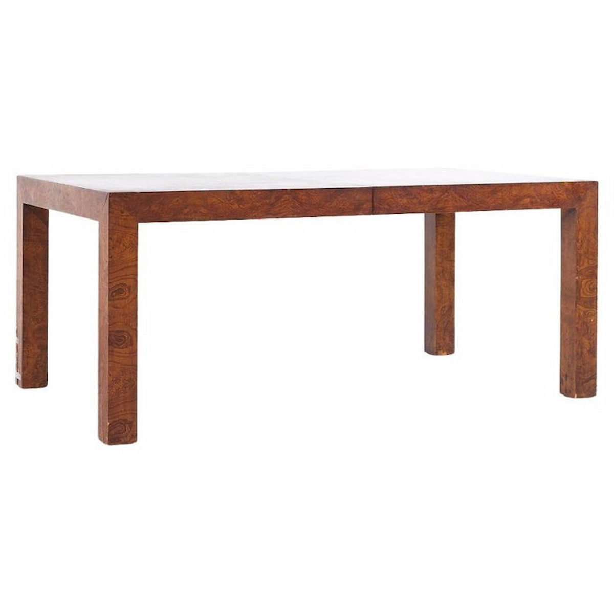 Milo Baughman Style Mid Century Burlwood Expanding Dining Table with 2 Leaves