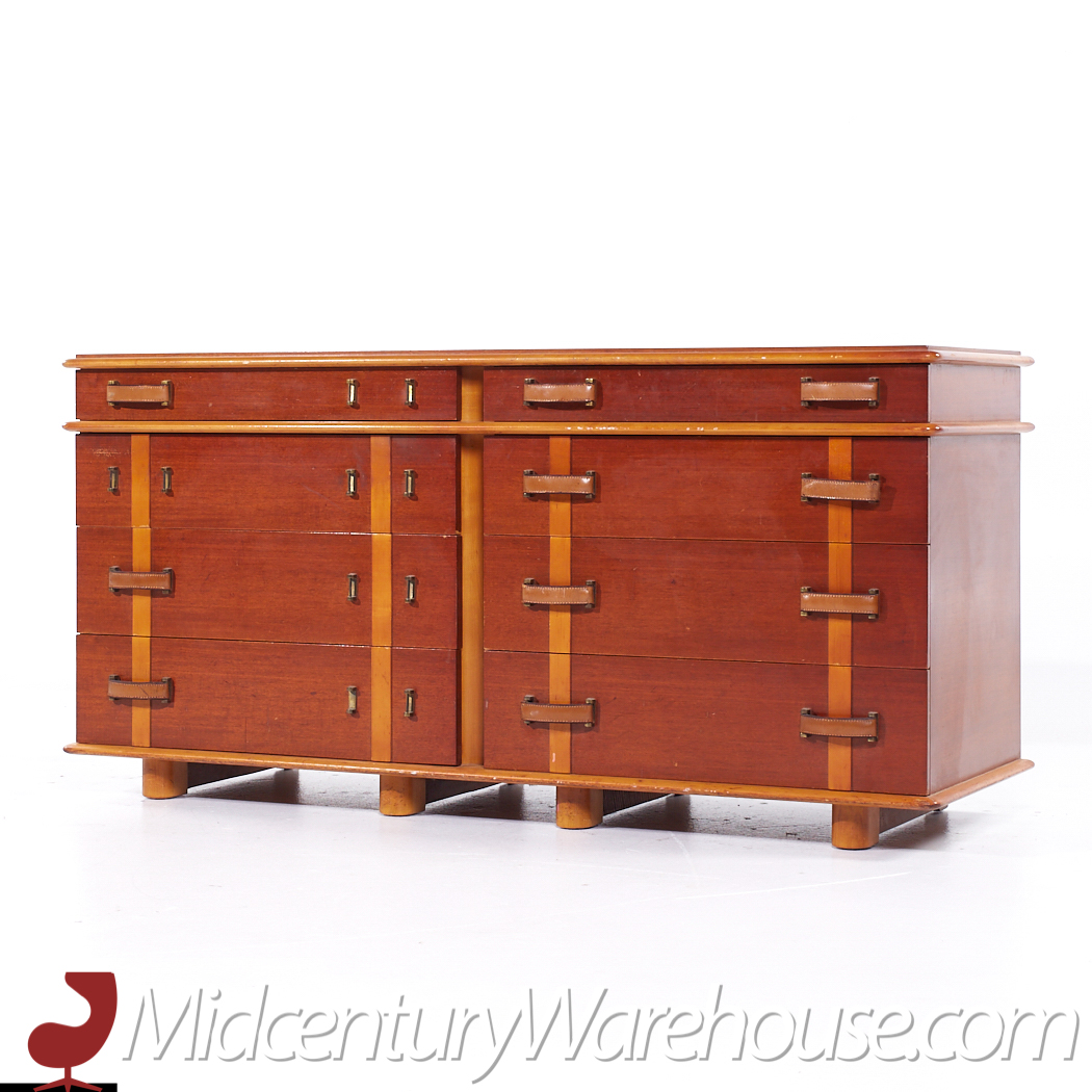 Paul Frankl for Johnson Furniture Mid Century Leather, Birch and Maple Station Wagon Dresser
