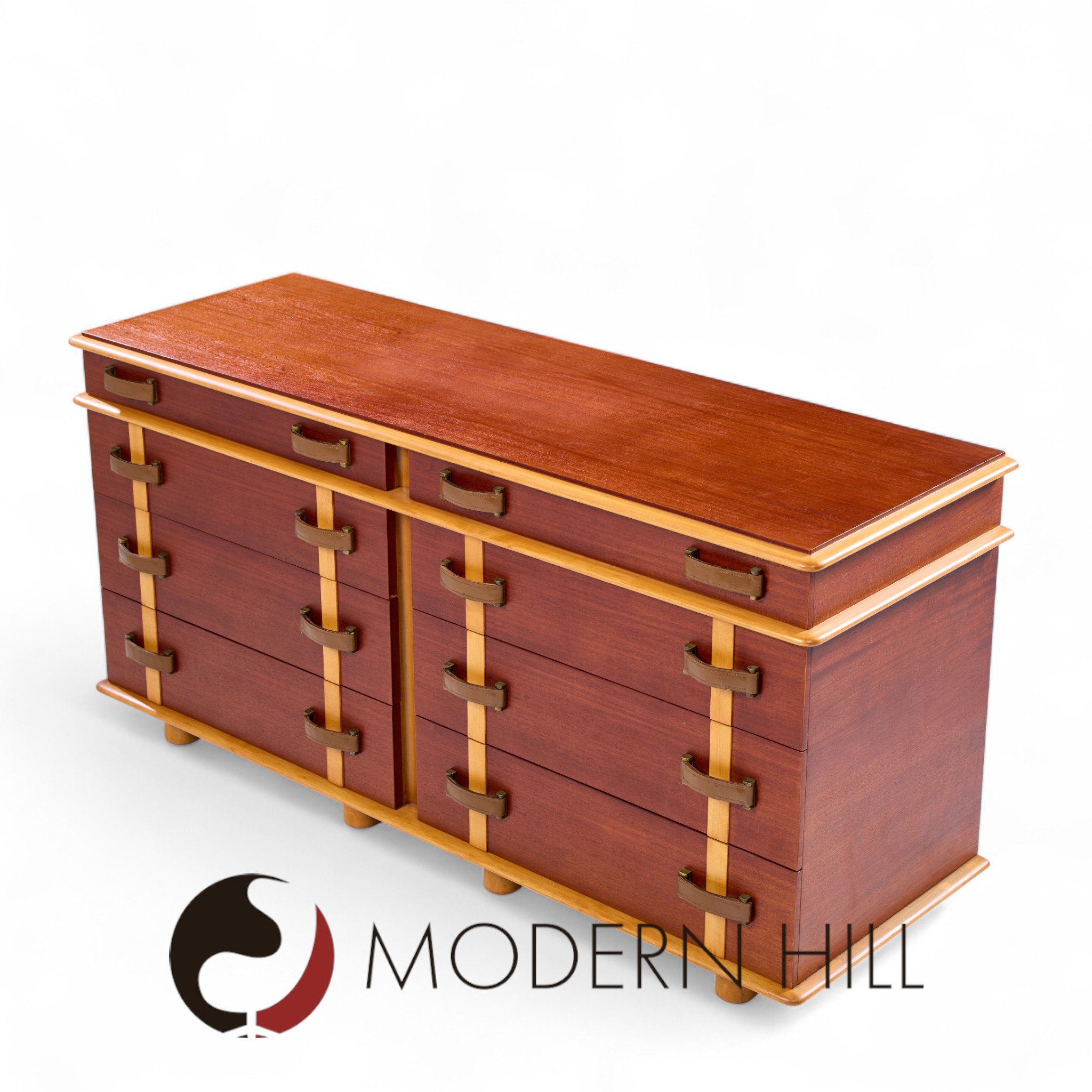 Paul Frankl for Johnson Furniture Mid Century Leather, Birch and Maple Station Wagon Dresser